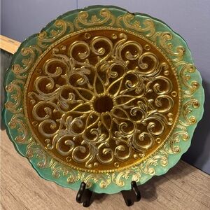 Ornate Gold and Green Decorative Plate